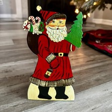Wood Santa Claus Hand Painted Folk Art Free-Standing Box VTG 1970s Christmas