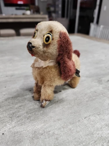 LOUIS MARX VINTAGE WIND UP DOG TOY FUR OVER METAL TAN & BROWN PUPPY