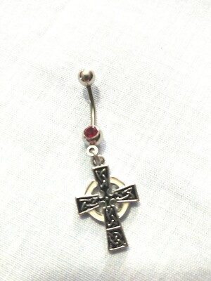 CELTIC KNOT CROSS w RING OF LIGHT 14G DEEP RED CZ NAVEL BELLY RING BARBELL