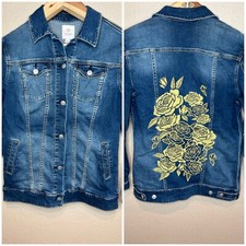 Lularoe Dark Wash Denim Jean Jacket With Embroidered Flowers, Size Small