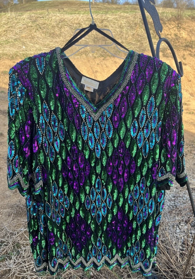 Camisa PESADA de Noche Adornada Top Lentejuelas Talla Grande B8 Roaman’s De Colección Foto 2 de 4