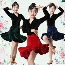 Girls Velvet Latin Dancewear Set Gymnastics Ballroom Dancing Costume New
