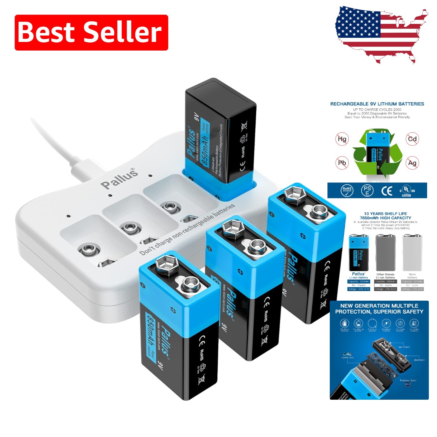 9V Lithium-Ion Rechargeable Batteries with Smart Charger - Safe & Durable 4-Pack-image