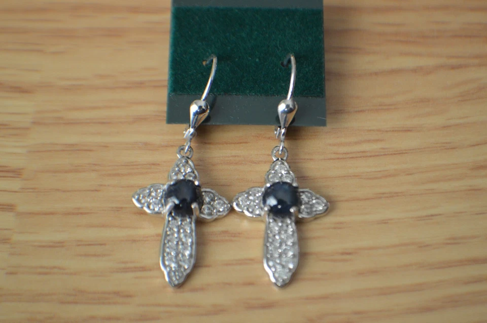 4.00ct AAAA Star Blue Sapphire / Zircon Cross Earrings Platinum over Fine Silver - Image 2 of 4