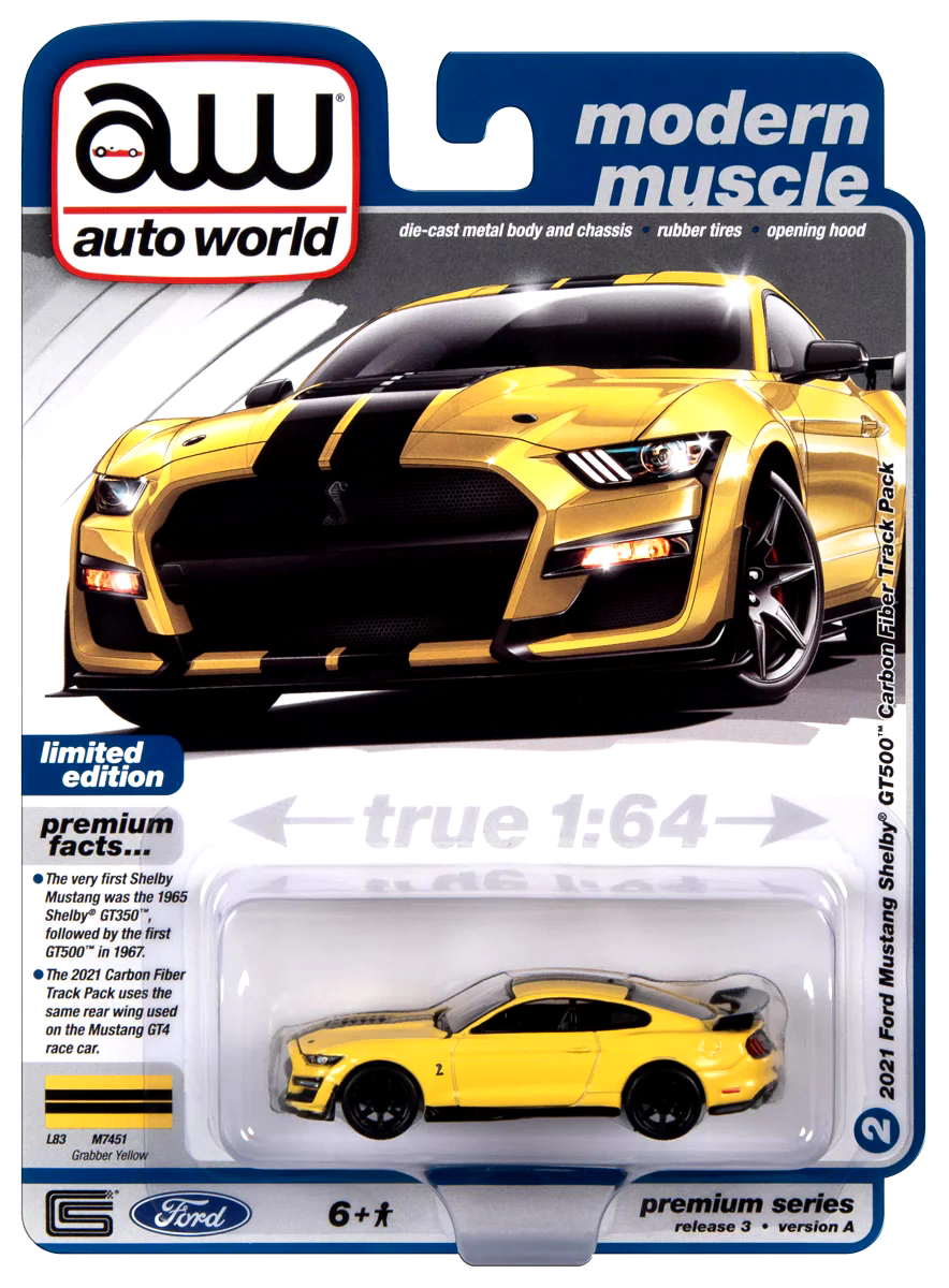 Autoworld 2021 1/64 Diecast Ford Mustang Shelby GT500 Grabber Gelb