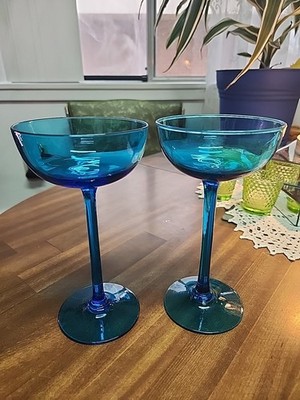 Mid Century Modern Glasses Stemware Barware Peacock Blue Teal Aqua Coupe