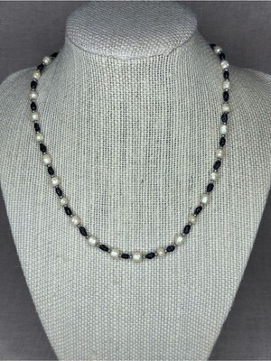 Vintage Givenchy Italy Pearl & Black Glass Beaded Necklace