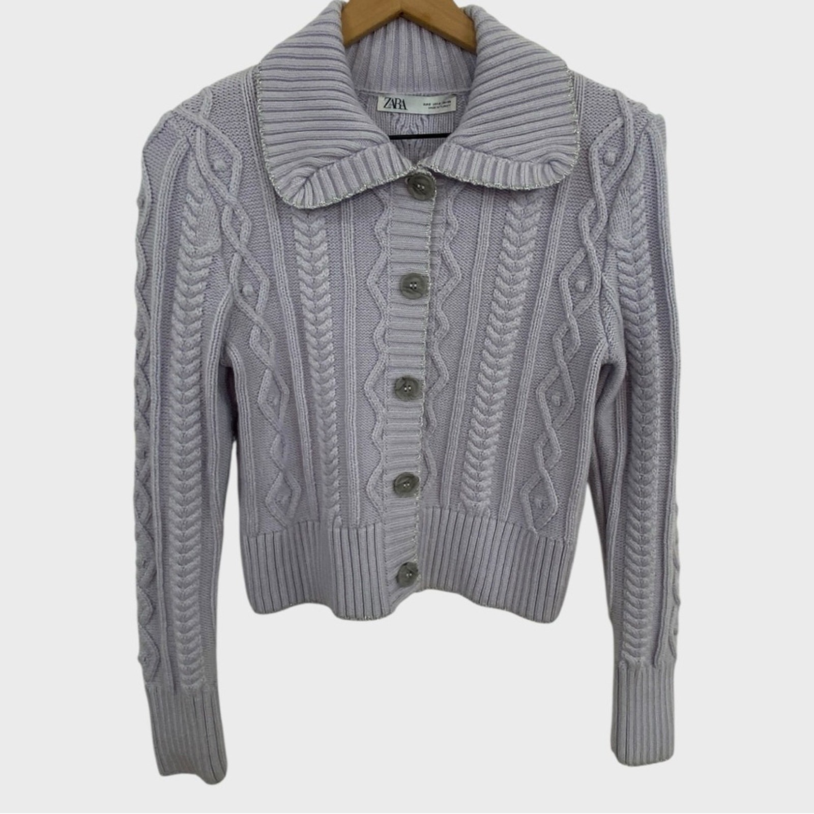 Zara Lavender Purple Silver Trim Button Front Cable Knit Cardigan Size Small image 9