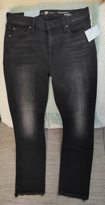 7 For All Mankind Super Skinny Black Denim Jeans Raw Hem Button Zip Women New