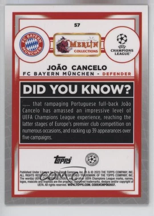 2022 Topps Merlin UEFA Club Competitions Purple Refractor /15 Joao Cancelo João - Image 2 of 2