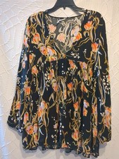Free People Dress Womens Medium Black Floral Boho Long Sleeve V Neck Short Dress