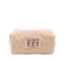 Quilted Pencil Pouch Flower Pen Bag Gadget Box Stationary Case Beige Cosmetic