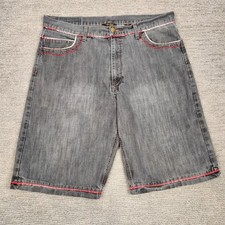 Y2K Gray Baggy Denim Shorts Mens 40 Wide Leg Hip Hop Streetwear Red Trim PJ Mark