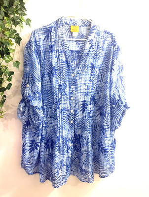 Ruby Rd Women Tunic Sz 3X Blue Floral Tropic Pintuck Roll Tab Semi Sheer Coastal