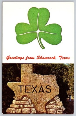 Greetings from Shamrock Texas Green Clover Stone Texas Marker Postcard