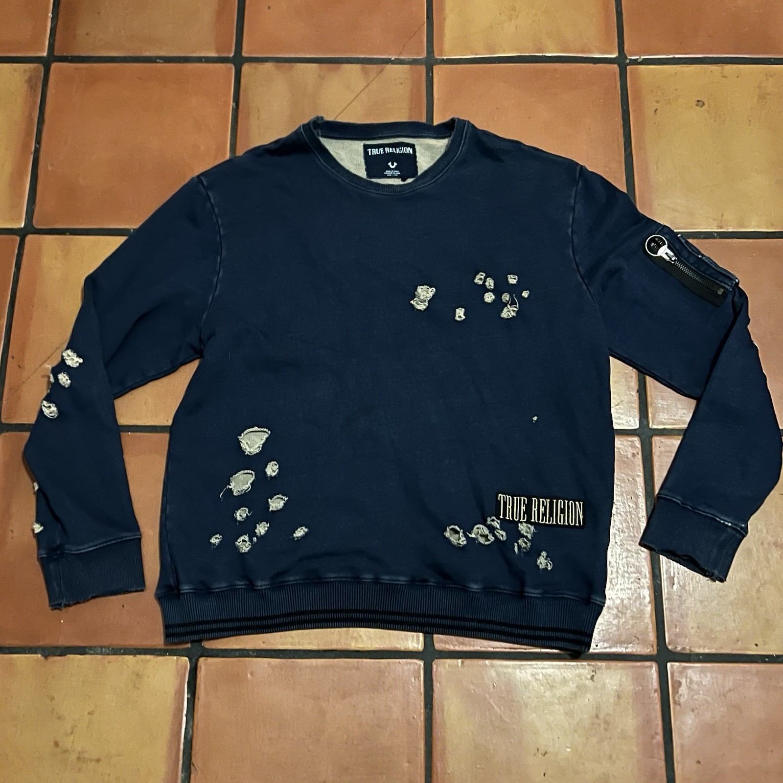 True Religion Distressed Patchwork Sweatshirt 3XL… - image 1