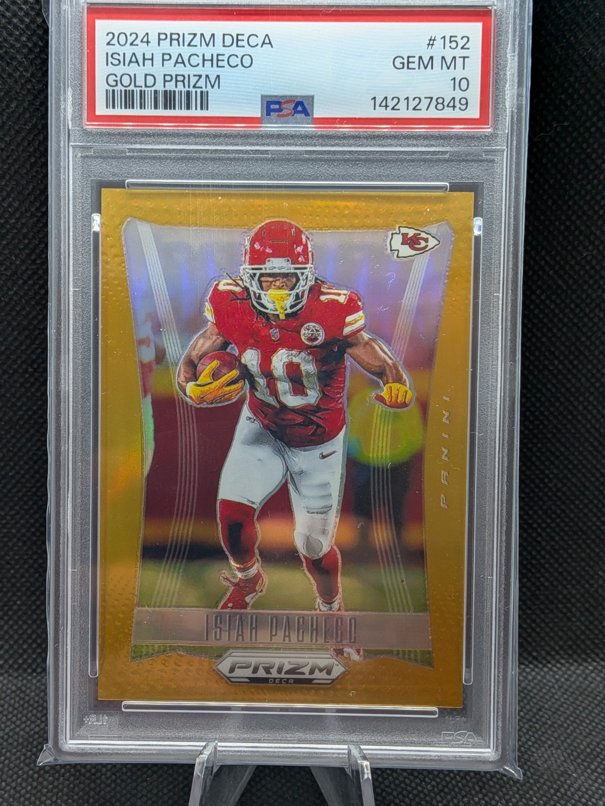 2024 Panini Deca Isiah Pacheco #152 True Gold Prizm /10 PSA 10 Gem SSP SB champ