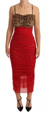 Dolce & Gabbana Brown Leopard Red Tulle Sheath Midi Women's Dress