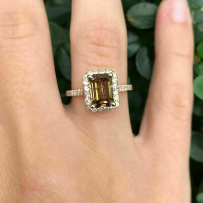 Ct Emerald Cut Brown Diamond Halo Wedding Ring 14K Rose