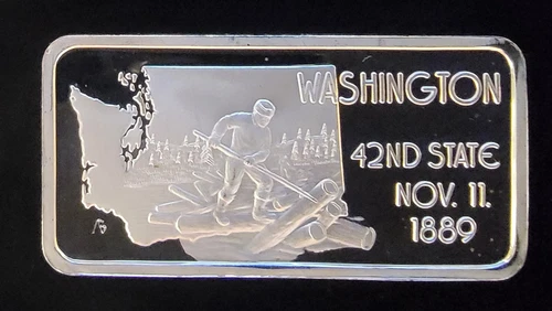 1975 Washington 42nd State Hamilton Mint Bullion-999 Silver 1 Oz Ounce Art Bar