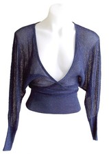 NWT EXPRESS Blue Low V-Neck Mesh Sweater Top with Shimmery Metallic Threading XS