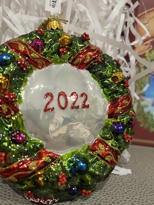 NEW John Huras Christmas Mr & Mrs Santa Wreath Glass Ornament