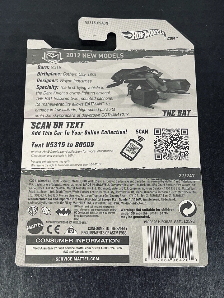 Hot Wheels 2012 New Models THE BAT, Batman Flying Vehicle Mattel, New In Package - Image 2 of 4