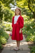 Vintage Rare Editions Christmas Holiday Dress Red Velvet White Lace Sz 12 Bow