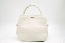 Christian Dior Tote Top Handle Handbag Logo White Leather 4739h