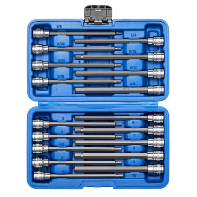 3/8'' Drive Extra Long Allen Hex Bit Socket Set S2&CR-V Metreic&Sae18 Pieces New