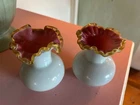 VINTAGE FENTON PAIR VASES PEACH BLOW GOLD CREST RUFFLE TOP BEAUTIFUL!