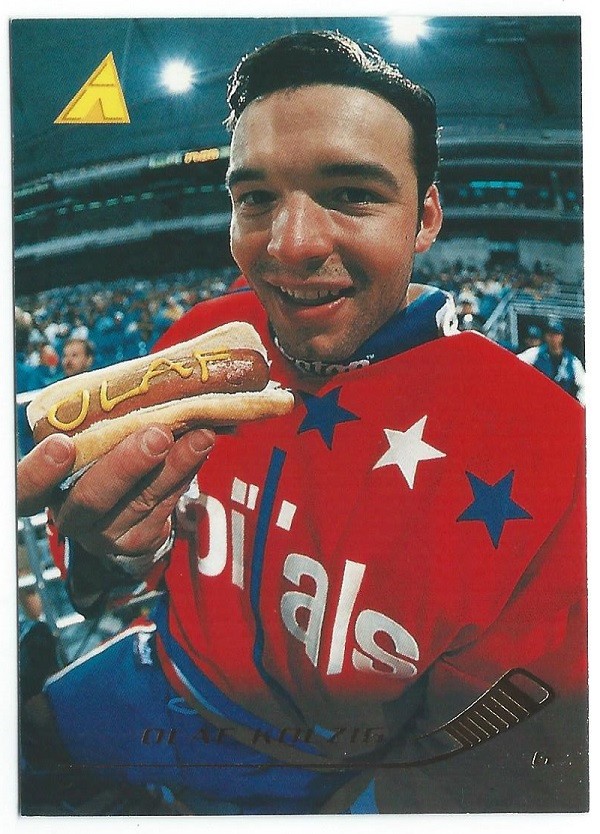 Olaf Kolzig 1995-96 Pinnacle #134 "Mustard OLAF Hot Dog" Hockey Card - FUNNY