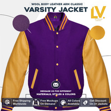 Varsity Letterman Jacket For Men Women  Kids Purple Wool Body Gold Sleeves