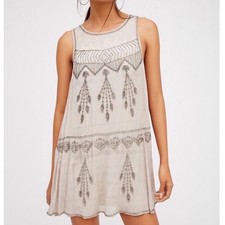Free People Delilah Beaded Boho Mini Dress Sleeveless Taupe Grey Embellished M