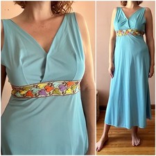 Vintage 70s Blue Embroidered Maxi Nightgown Dress Hippie Boho S M