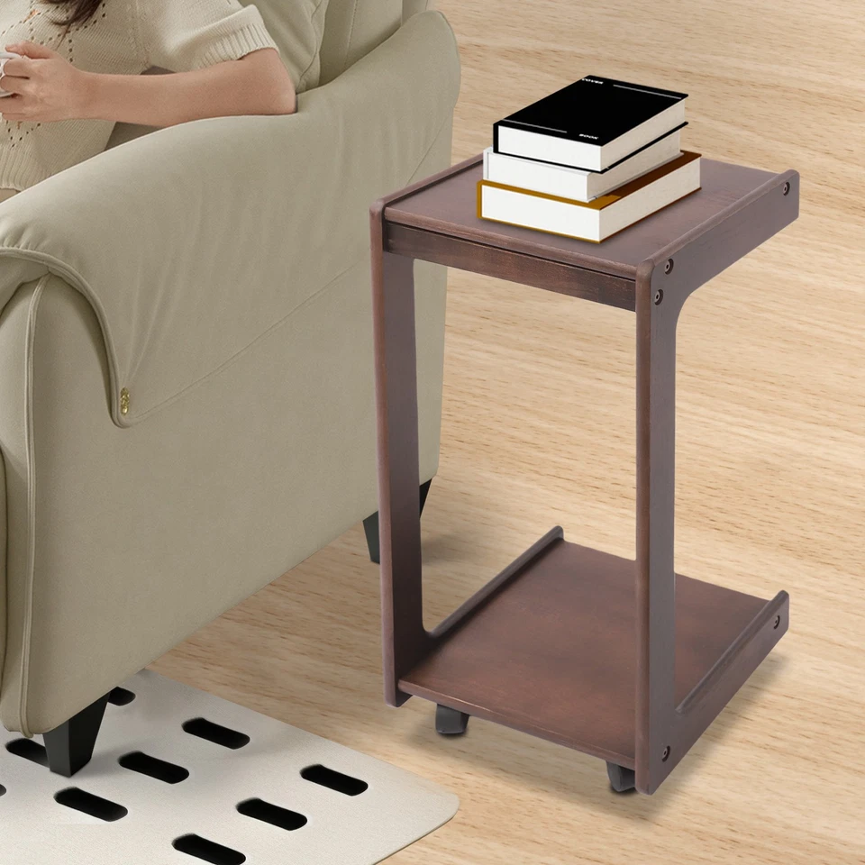 2-tierd Solid Wood Bedside C-shaped Side Table W/ Drawer & Lockable Wheels - Image 3 of 4