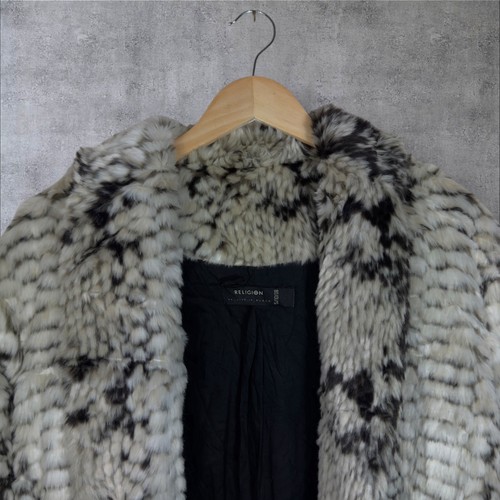 Faux Fur Longline Coat Black White Textured Pattern UK Size 10 Religion - Picture 2 of 9
