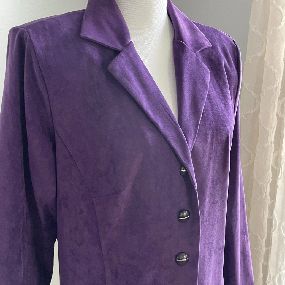 Jaqueta Blazer Roxa Longa Vintage Microfibra Botão para Cima Tamanho 12 Vestido Celeiro - Imagem 4 de 4