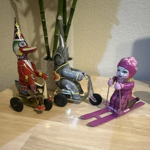 Schylling Vintage Tin Wind-Up Toys Duck Tricycle Elephant Tricycle Skier Lot