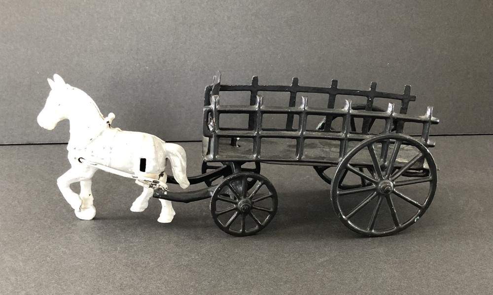 Antique Cast Iron Toy Horse Pulling Wagon Set