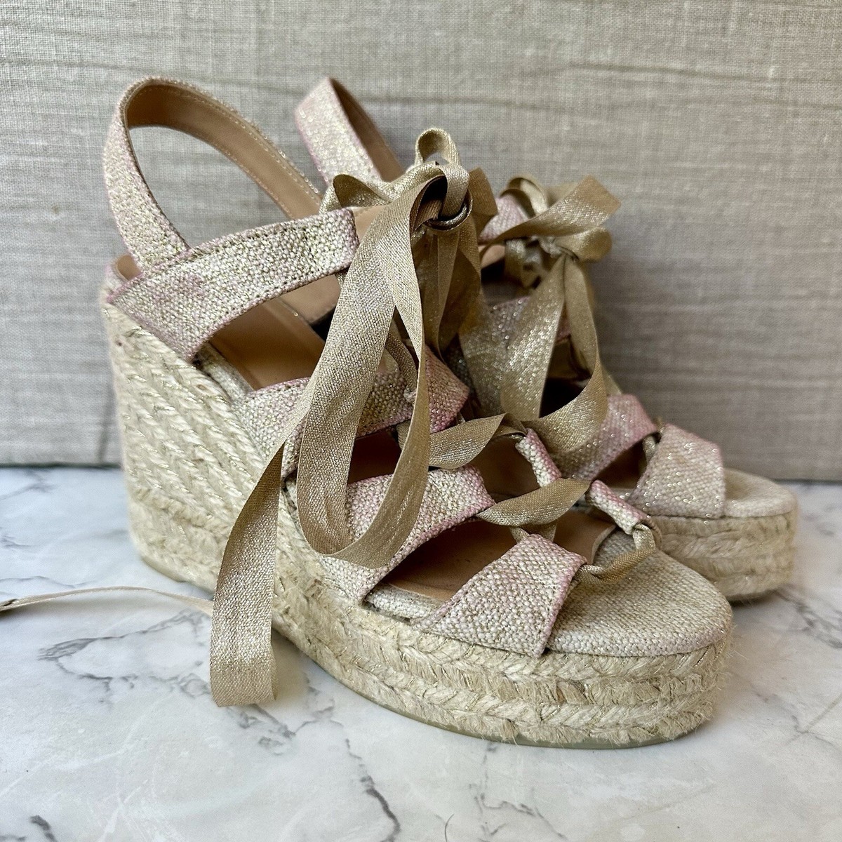 Castaner Balta Espadrille Wedge Sandals Laced Tie Gold Pink Wash