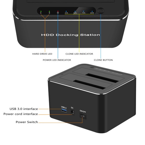 Dual Bay 2.5"/3.5" Hard Drive Docking Station Duplicator Clone Function USB 3.0 - Picture 8 of 11