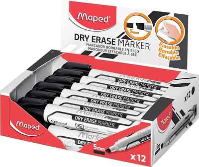 Maped Dry Erase Marker Schwarz 12 Stück Abgeschrägte Spitze 1-5mm NEU & OVP