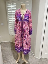 Bohemian Boho Hippie Modest Paisley Floral Peasant Lounge Midi Dress Size Small