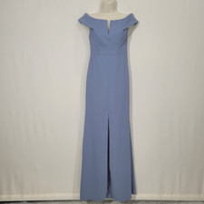 Dessy Collection 3038 Larkspur Blue Off-The-Shoulder Notch Trumpet Gown Slit 6