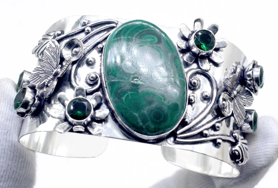 925 Sterling Silver Malachite & Chrome Gemstone Jewelry Cuff Bracelet Size-ADJ - Image 3 of 4