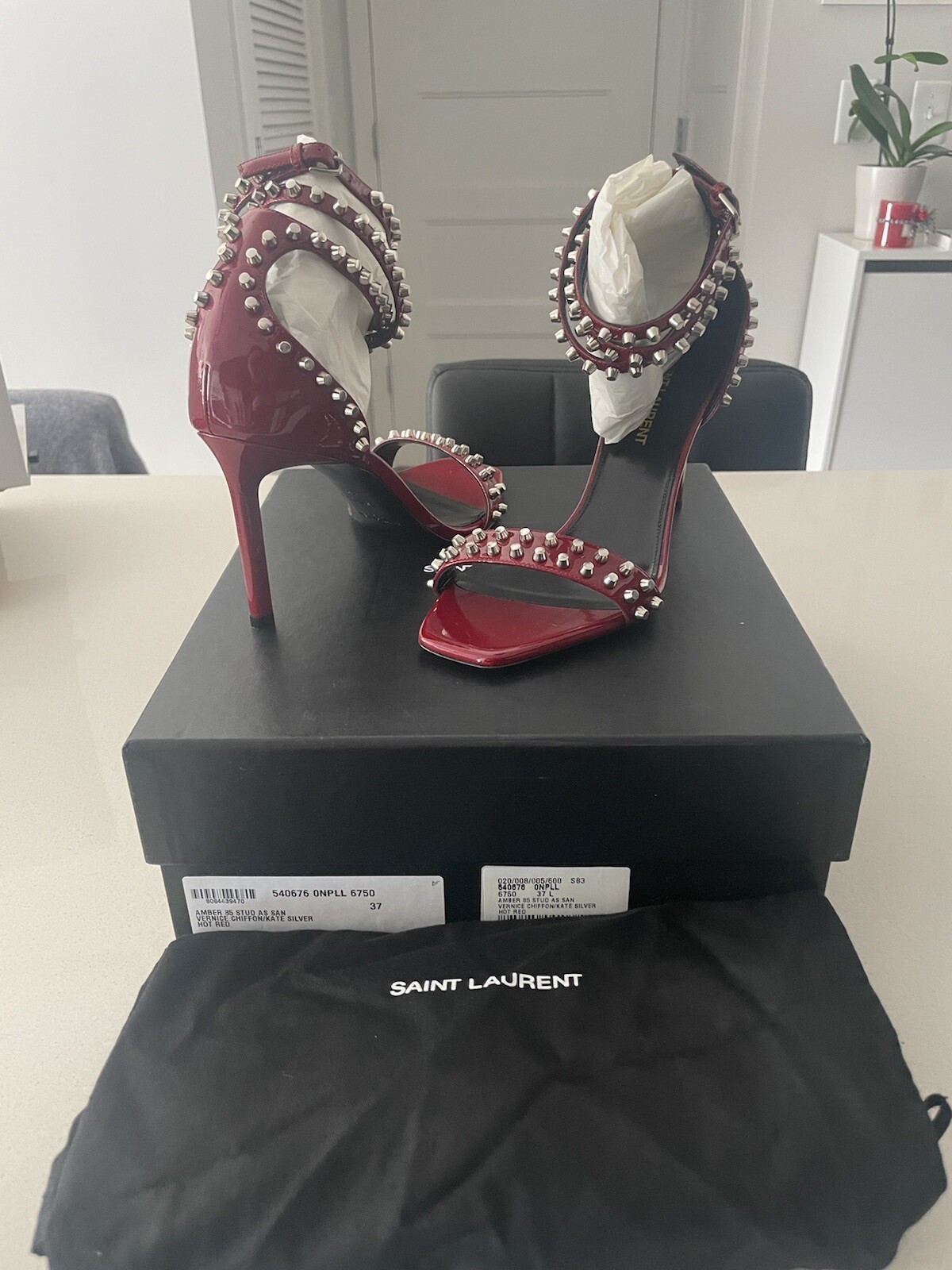 NUOVI sandali ambra rossi Saint Laurent in pelle verniciata taglia 37 5