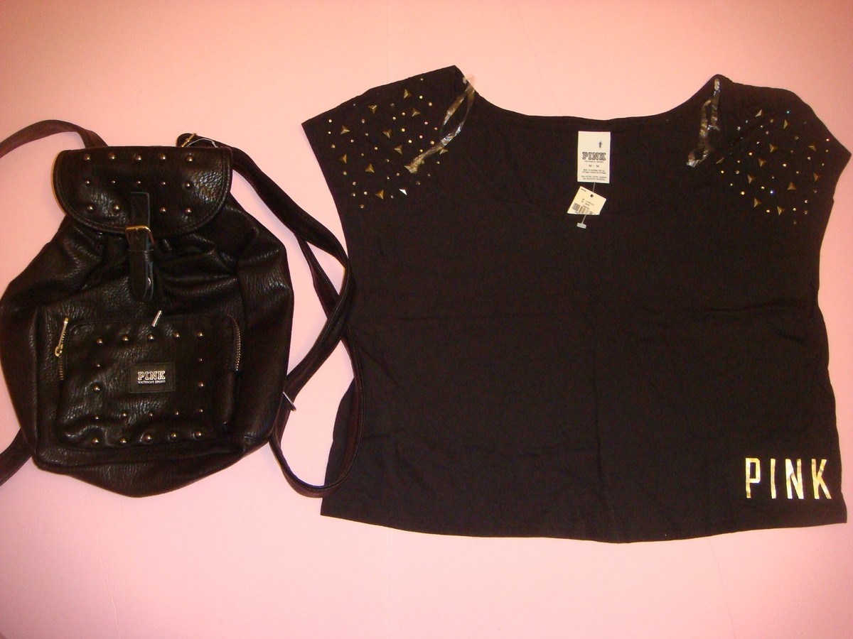 black leather victoria secret pink backpack Victoria's Secret PINK Faux Leather mini BACKPACK+M crop T-SHIRT Black  STUDDED