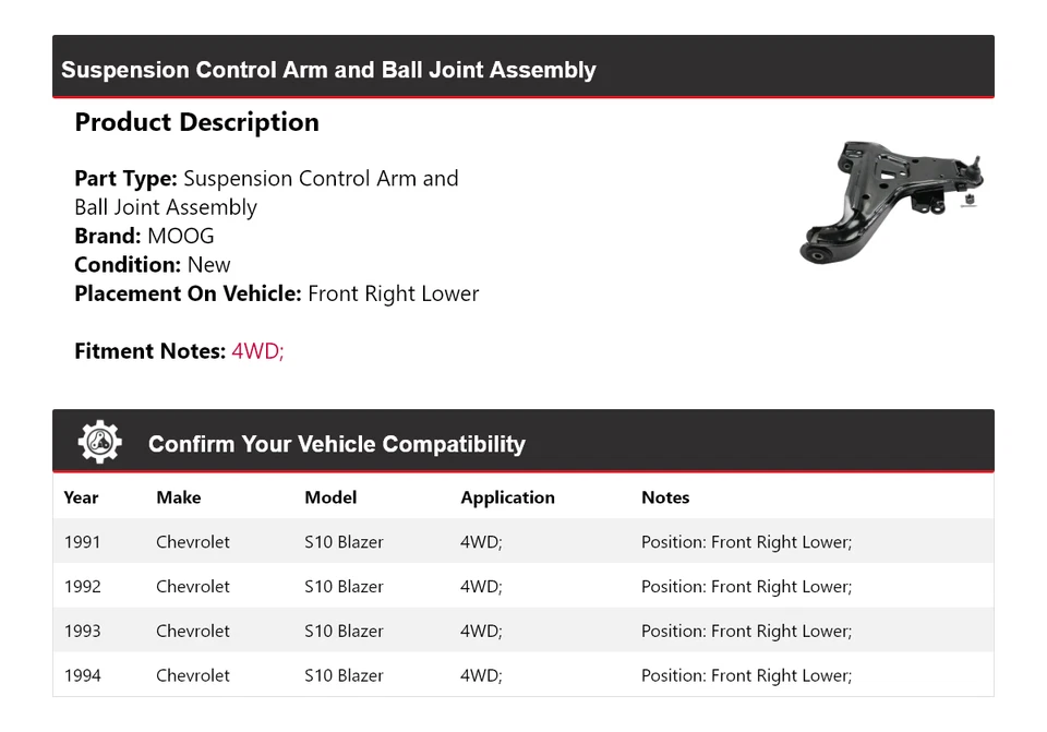 Para 1991-1994 Chevrolet S10 Blazer 4WD braço de controle dianteiro direito inferior MOOG 1991 - Imagem 2 de 4