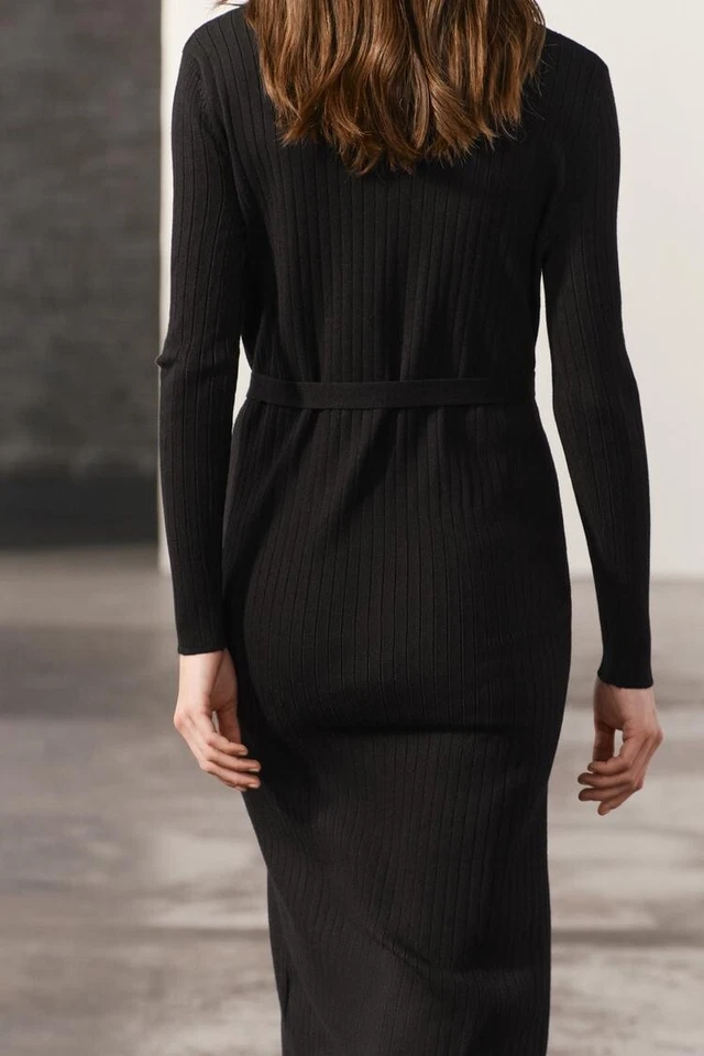 ZARA BLACK RIBBED KNIT SWEATER DRESS BUTTON FRONT MIDI 3519/154 M NO BELT - Image 3 of 4
